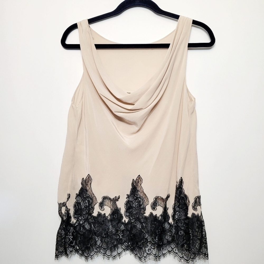 Alice + Olivia Marge Black Lace Champagne Silk Cowl Back Blouse Size Medium - Picture 5 of 10